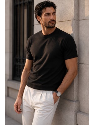 Valiberta Kwon Bisiklet Yaka Basic Kısa Kollu Ince Triko Erkek T-Shirt - Siyah