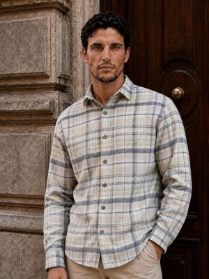 Valiberta Jasper Relaxed Fit Pamuklu Ince Çizgili Oduncu Erkek Gömlek - Mavi-Bej