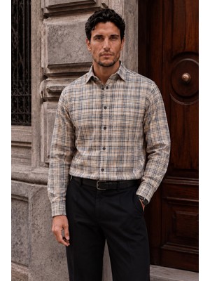Valiberta Carol Relaxed Fit Pamuklu Çizgili Flanel Erkek Gömlek - Bej