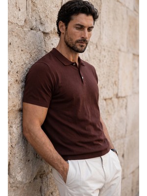 Valiberta Newman Regular Fit Düğmeli Polo Yaka Viskon Triko Erkek T-Shirt - Kahve