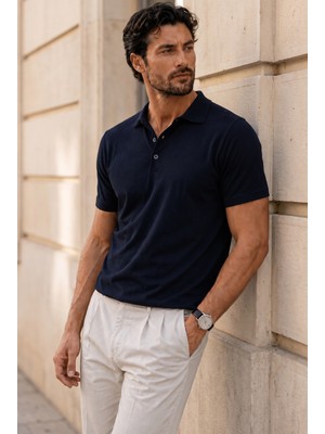 Valiberta Newman Regular Fit Düğmeli Polo Yaka Viskon Triko Erkek T-Shirt- Lacivert
