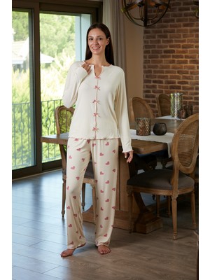 Estiva Kadın Kalp Desenli Krem Rengi Kaşkorse Pijama Takımı