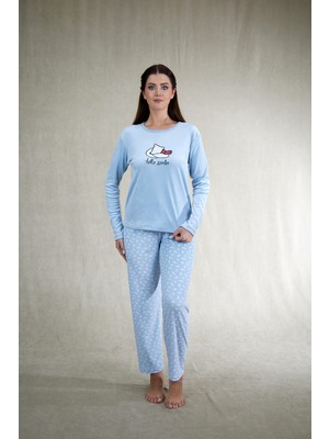 Estiva Kadın Ayıcık Desenli Mavi Kadife Pijama Takımı