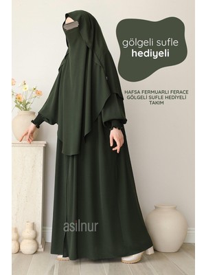 Asilnur Hafsa Fermuarlı Ferace Gölgeli Sufle Hediyeli Takım Haki