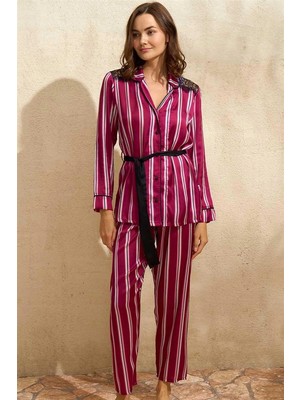 İpeknur Arias Closet Saten Çizgili Düğmeli Uzun Kol Dantelli Gömlek ve Pantolon Pijama Takım (9765)
