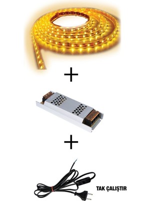 Econa 3 Çipli Iç Mekan Amber Renk 5 Metre Şerit LED Işık 5 Amper LED Trafosu Kablo