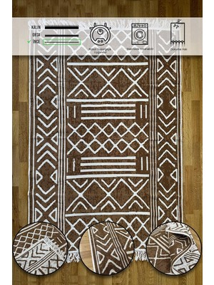 Happy Trend Çift Taraflı Yıkanabilir Saçaklı Salon Mutfak Yolluk Kilim Kahve1 80 x 150