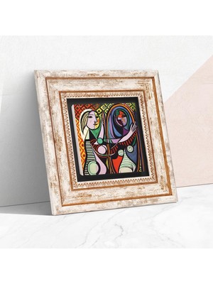 Happy Trend Stone Picasso Ayna Karşısındaki Kız Taş Duvar Tablosu - Çerçeveli Taş Tablo - Dekoratif Duvar Sanatı - Modern Ev ve Ofis Duvar Dekoru T1-301