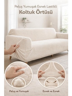 Happy Trend Welsoft Lastikli 3 Kişilik Koltuk Örtüsü Kaymaz Esnek ve Yıkanabilir Koltuk Kılıfı (Krem)