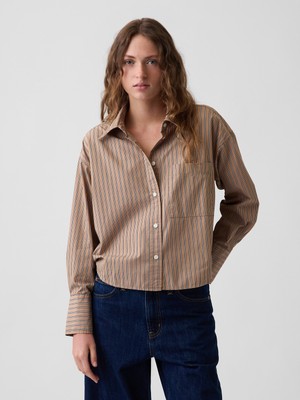Gap Kadın Açık Kahverengi Organik Pamuk Poplin Oversized Crop Gömlek