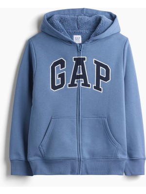 Gap Erkek Çocuk Açık Mavi Sherpa Astarlı Logo Fermuarlı Sweatshirt