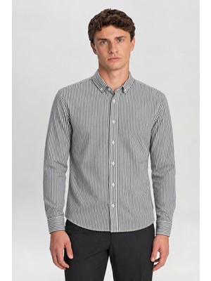 Tena Erkek Lacivert-Beyaz Uzun Kol Ripaş Dalgıç Çizgili Slim Fit Gömlek