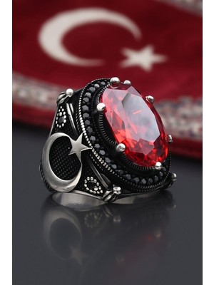 Prestige Ay Yıldız - Ay Yıldızlı 925 Ayar Gümüş Erkek Yüzüğü Kırmızı Zirkon Taşlı 903008
