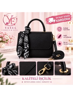 Yasel Takı & Çanta Fular Detaylı Siyah Kadın El & Omuz Çantası