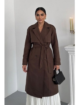 Msm Fashion Kadın Uzun Trençkot  Kuşaklı Düğmeli Çift Cepli Uzun Kollu Kruvaze Yaka Apoletli Ceket Trençkot