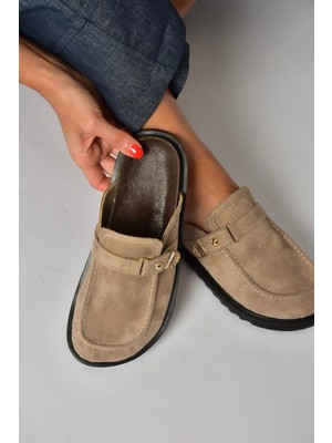 Fox Shoes Z250525202 Vizon Süet Önü Kapalı Kadın Terlik