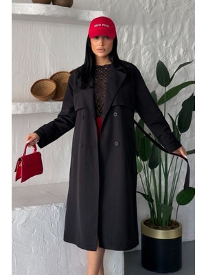 AKD Atelier Kadın Uzun Trençkot  Kuşaklı Düğmeli Çift Cepli Uzun Kollu Kruvaze Yaka Apoletli Ceket Trençkot