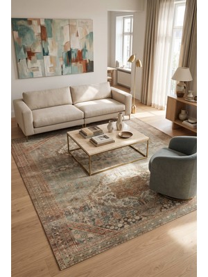 Artloop Istanbul Yeşil Vintage Desenli Dokuma Tabanlı Şönil Halı Al 629