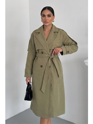 Msm Fashion Kadın Uzun Trençkot  Kuşaklı Düğmeli Çift Cepli Uzun Kollu Kruvaze Yaka Apoletli Ceket Trençkot