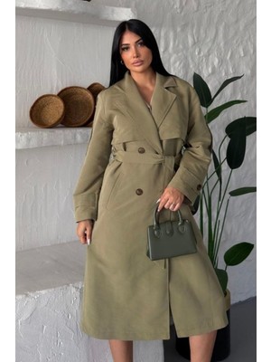 AKD Atelier Kadın Uzun Trençkot  Kuşaklı Düğmeli Çift Cepli Uzun Kollu Kruvaze Yaka Apoletli Ceket Trençkot