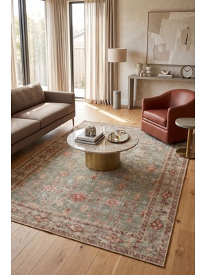 Artloop Istanbul Yeşil Eskitme Otantik Desenli Vintage Dokuma Tabanlı Şönil Halı Al 658