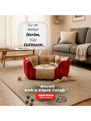 Xpermate Kedi Yatağı Köpek Yatağı Kedi ve Köpek Minderi Tüy Tutmayan Su İtici Kumaş Kırmızı Bej Biscuit
