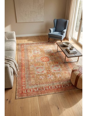 Artloop Istanbul Kiremit Sarı Etnik Vintage Desenli Dokuma Tabanlı Şönil Halı Al 641