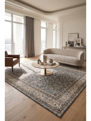 Artloop Istanbul Gri Krem Çiçek Desenli Vintage Dokuma Tabanlı Şönil Halı Al 663