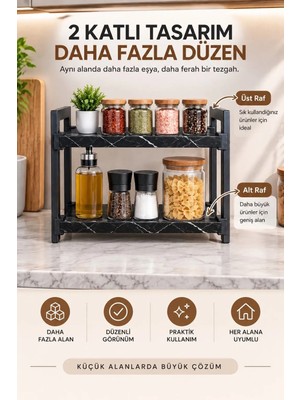 Bambeds Mobilya Metal Mutfak Tezgah Üstü Organizer 2 Raflı Banyo Mutfak Düzenleyici Siyah