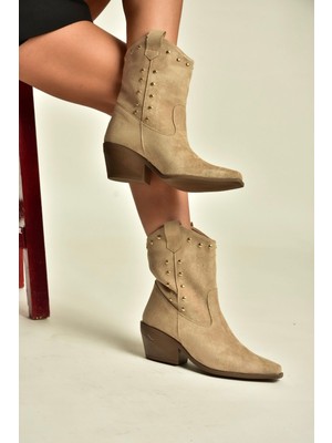 Fox Shoes Z920477302 Vizon Süet Kalın Topuklu Kovboy Model Kadın Bot