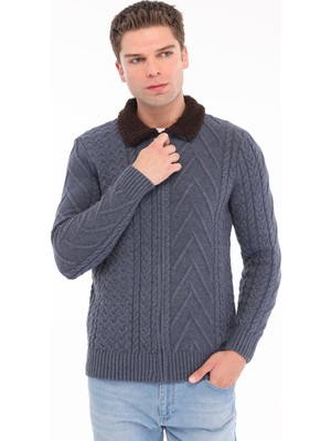 Trist Star Erkek Indigo Polo Yaka Saç Örgülü Fermuarlı Yün Triko Örme Hırka TRIST-5327
