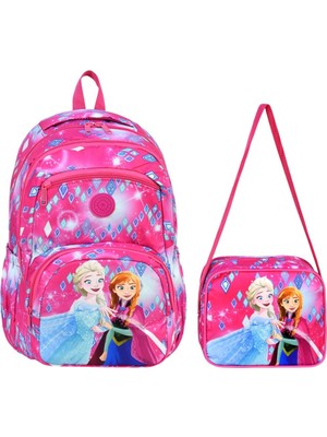 Miço Kids Kız Çocuk Prenses Desenli Okul Sırt Çantası Seti - 2'li Beslenme Çantalı Ilkokul Çantası - Işıltılı Pembe Okul Seti