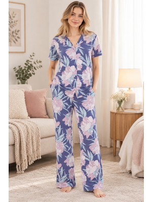 Lilac Kadın %100 Viskon Çiçek Desenli Gömlek Yaka Mor Pijama Takımı