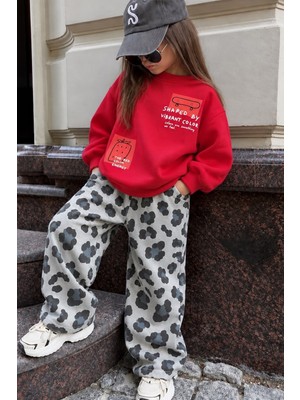 Monila Kız Çocuk Kırmızı Baskılı Pamuklu Sweatshirt ve Gri Leopar Baskılı Eşofman Alt Üst Takım