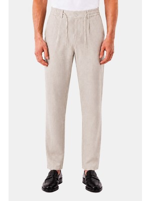 Sabri Özel Bej Keten Görünümlü Arka Lastikli Köprü Kemerli Bağcıklı Regular Fit Jogger Pantolon