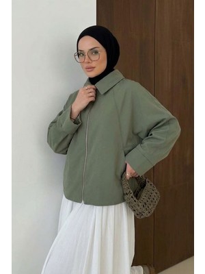 Modestim Kadın Haki Yarasa Kol Fermuarlı Gömlek Yaka Oversize Bombet Ceket