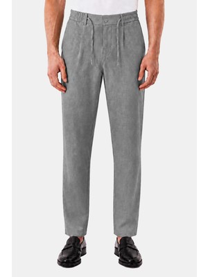 Sabri Özel Gri Keten Görünümlü Arka Lastikli Köprü Kemerli Bağcıklı Regular Fit Jogger Pantolon