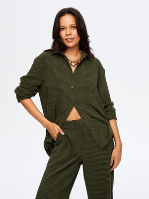 Faik Sönmez Kadın Boxy Kalıp Gömlek Yaka Dokulu Uzun Kollu Polyester Tunik