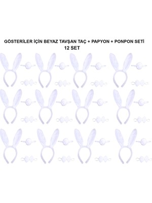 TKÇ Beyaz Tavşan Kostüm Seti – Taç, Papyon, Kuyruk (12’li Paket) (5492)