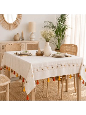 Ödel Home El Yapımı Boncuklu Püsküllü Naturel Masa Örtüsü