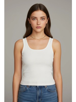 Adeyo Store Kadın Kalın Askılı Fitilli Basic Beyaz Atlet Esnek Kumaş