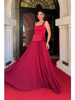 Giyimmasalı Üst Saten Alt Sifon Tasarım Elbise - BORDO-GYM-03005