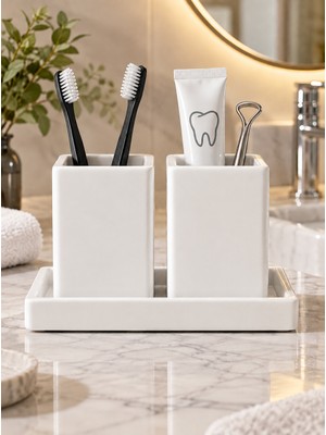 Betonmall Beton Diş Fırçalık Macunluk Seti 3'lü Minimalist Banyo Lavabo Düzenleyici Organizer