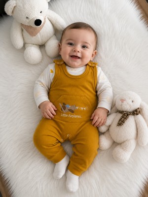 Riman Uçak Desenli Erkek Bebek Tulum Hardal Sarısı 3-6-9 Ay