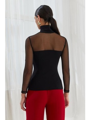 Naar Kadın Slim Fit Yarım Balıkçı Yaka Uzun Kollu Örme Tül Detaylı Bluz