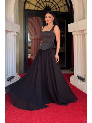 Giyimmasalı Üst Saten Alt Sifon Tasarım Elbise - SİYAH-GYM-03005