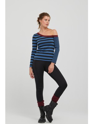 Naar Kadın Asimetrik Kayık Yaka Çizgili Polyester Triko Uzun Kollu Bluz