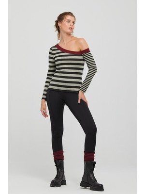 Naar Kadın Asimetrik Kayık Yaka Çizgili Polyester Triko Uzun Kollu Bluz