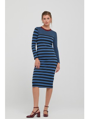 Naar Kadın Bodycon Kesim Bisiklet Yaka Uzun Kollu Çizgili Örme Midi Elbise