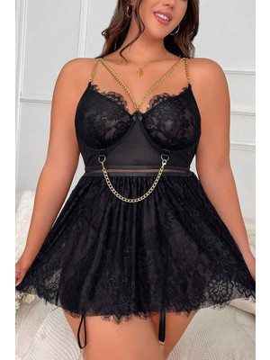 Zamerya Kadın Siyah Dantelli Babydoll Gecelik Gold Zincir Detaylı Fantazi Iç Giyim 8487